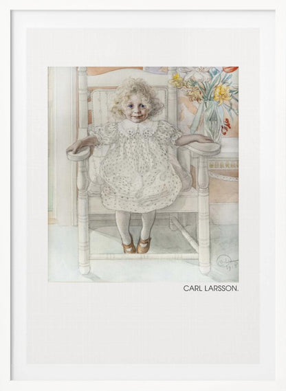 A framed art print of a watercolor painting by Carl Larsson. The piece features a young, blonde, curly-haired girl with blue eyes sitting in a white wooden chair. She wears a white dotted dress with a lace collar and smiles sweetly. Next to her is a vase of yellow, white, and red flowers. The overall aesthetic is soft, light, and classic. Decor