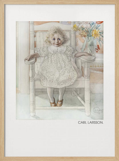 A framed art print of a watercolor painting by Carl Larsson. The piece features a young, blonde, curly-haired girl with blue eyes sitting in a white wooden chair. She wears a white dotted dress with a lace collar and smiles sweetly. Next to her is a vase of yellow, white, and red flowers. The overall aesthetic is soft, light, and classic. Decor