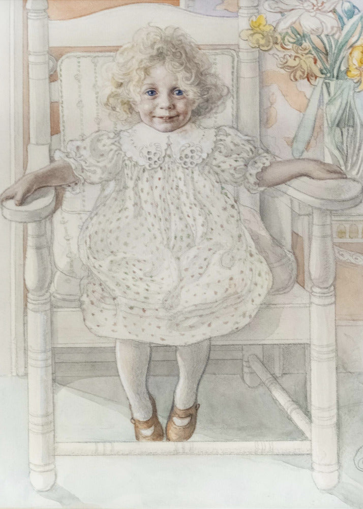 A delicate watercolor portrait of a smiling young girl with curly blonde hair and bright blue eyes, sitting upright in a white rocking chair. She wears a vintage white dotted dress, and a vase of yellow flowers is visible in the background. Artwork