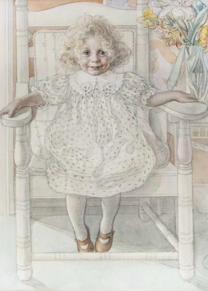 A delicate watercolor portrait of a smiling young girl with curly blonde hair and bright blue eyes, sitting upright in a white rocking chair. She wears a vintage white dotted dress, and a vase of yellow flowers is visible in the background. Artwork