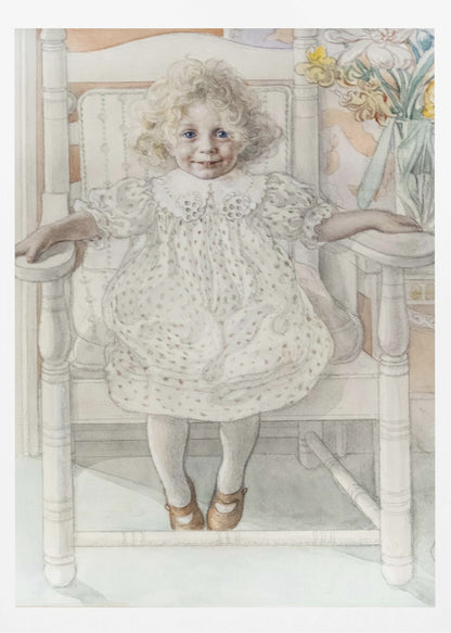 A delicate watercolor portrait of a smiling young girl with curly blonde hair and bright blue eyes, sitting upright in a white rocking chair. She wears a vintage white dotted dress, and a vase of yellow flowers is visible in the background. Artwork