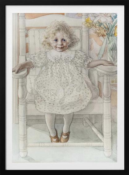 A delicate watercolor portrait of a smiling young girl with curly blonde hair and bright blue eyes, sitting upright in a white rocking chair. She wears a vintage white dotted dress, and a vase of yellow flowers is visible in the background. Artwork