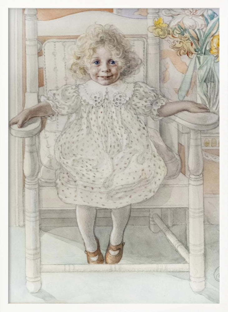 A delicate watercolor portrait of a smiling young girl with curly blonde hair and bright blue eyes, sitting upright in a white rocking chair. She wears a vintage white dotted dress, and a vase of yellow flowers is visible in the background. Artwork