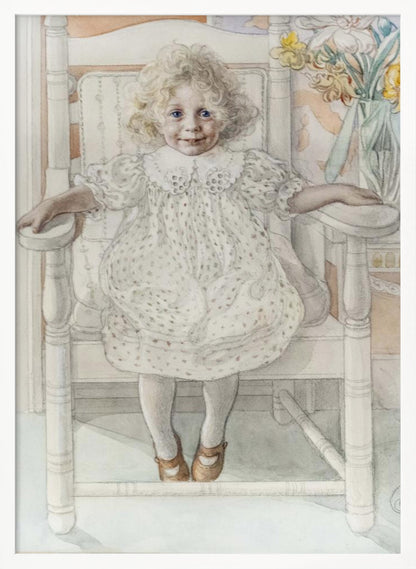A delicate watercolor portrait of a smiling young girl with curly blonde hair and bright blue eyes, sitting upright in a white rocking chair. She wears a vintage white dotted dress, and a vase of yellow flowers is visible in the background. Artwork