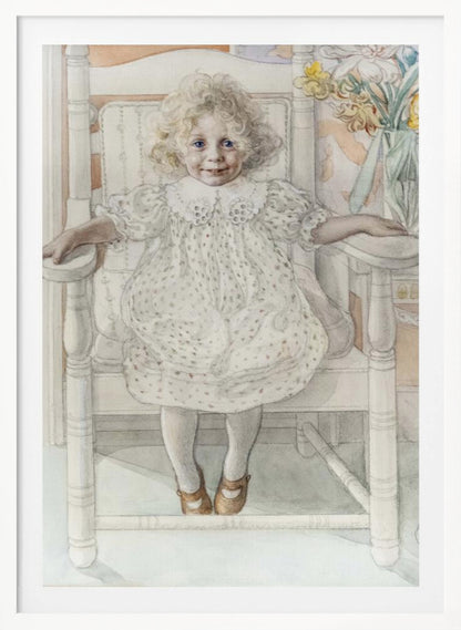 A delicate watercolor portrait of a smiling young girl with curly blonde hair and bright blue eyes, sitting upright in a white rocking chair. She wears a vintage white dotted dress, and a vase of yellow flowers is visible in the background. Artwork