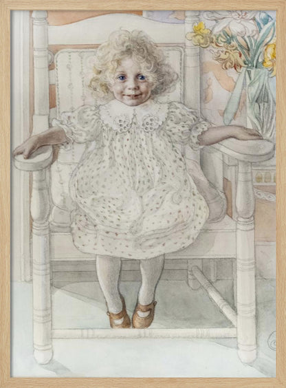 A delicate watercolor portrait of a smiling young girl with curly blonde hair and bright blue eyes, sitting upright in a white rocking chair. She wears a vintage white dotted dress, and a vase of yellow flowers is visible in the background. Artwork