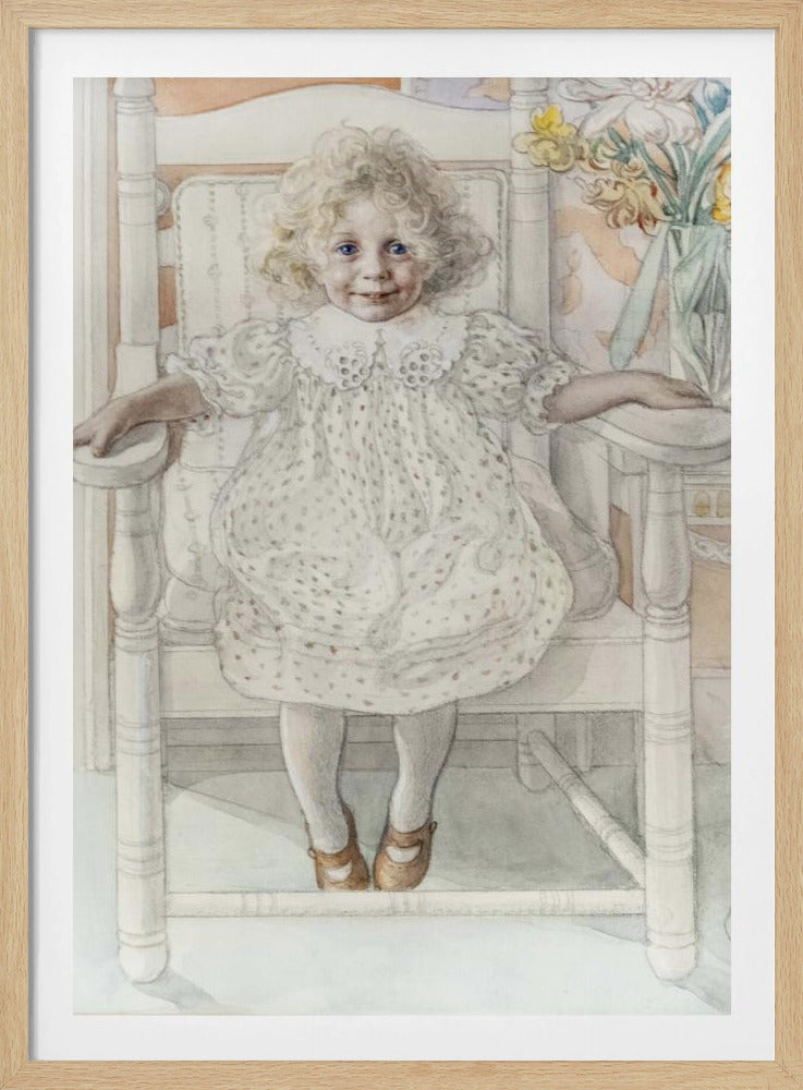 A delicate watercolor portrait of a smiling young girl with curly blonde hair and bright blue eyes, sitting upright in a white rocking chair. She wears a vintage white dotted dress, and a vase of yellow flowers is visible in the background. Artwork