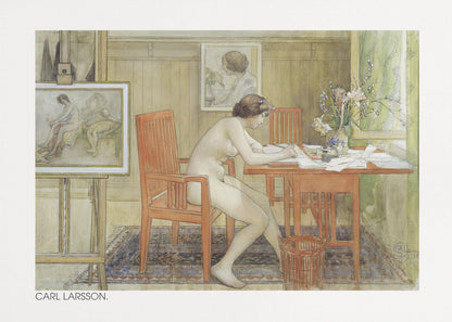 A vintage painting by Carl Larsson depicting a nude woman sitting in profile at a wooden desk, engrossed in writing. The room is a cozy artist's studio with other paintings visible, a vase of flowers on the desk, and a patterned rug on the floor. Artwork