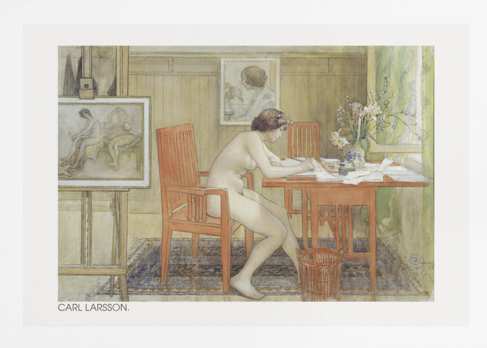 A vintage painting by Carl Larsson depicting a nude woman sitting in profile at a wooden desk, engrossed in writing. The room is a cozy artist's studio with other paintings visible, a vase of flowers on the desk, and a patterned rug on the floor. Artwork