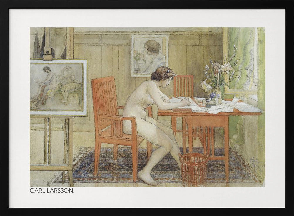 A vintage painting by Carl Larsson depicting a nude woman sitting in profile at a wooden desk, engrossed in writing. The room is a cozy artist's studio with other paintings visible, a vase of flowers on the desk, and a patterned rug on the floor. Artwork