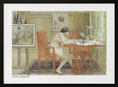 A vintage painting by Carl Larsson depicting a nude woman sitting in profile at a wooden desk, engrossed in writing. The room is a cozy artist's studio with other paintings visible, a vase of flowers on the desk, and a patterned rug on the floor. Artwork