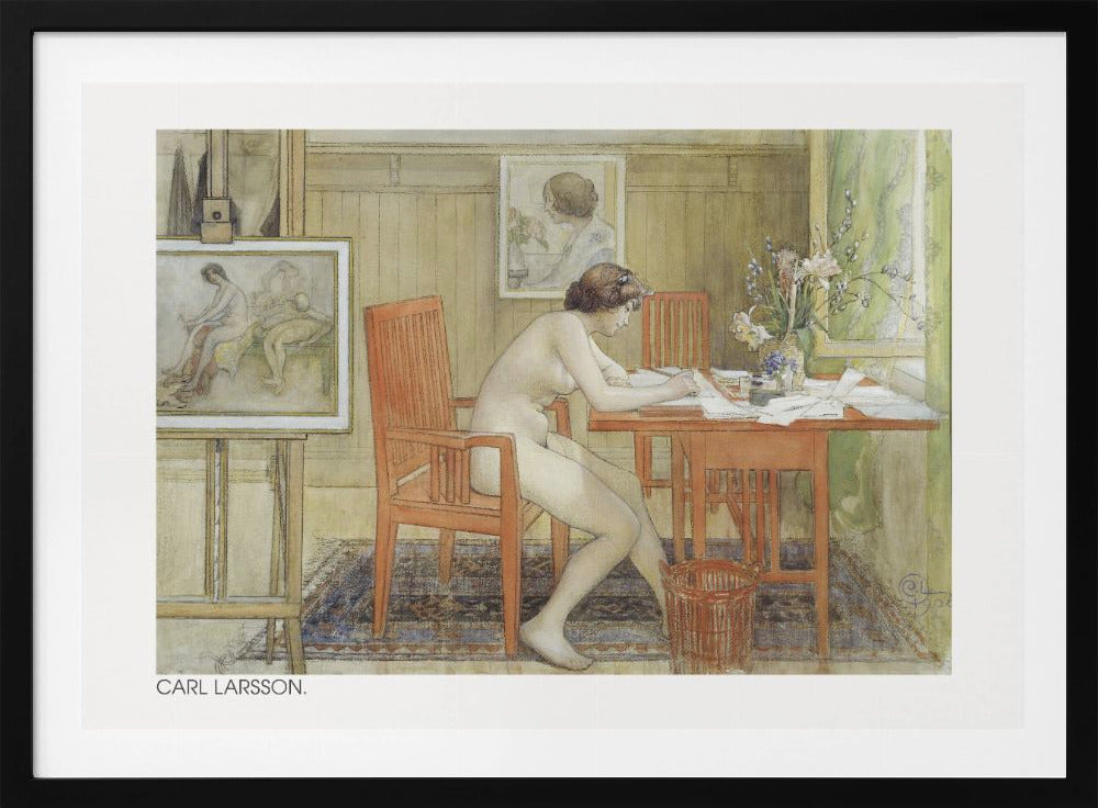 A vintage painting by Carl Larsson depicting a nude woman sitting in profile at a wooden desk, engrossed in writing. The room is a cozy artist's studio with other paintings visible, a vase of flowers on the desk, and a patterned rug on the floor. Artwork