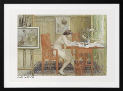 A vintage painting by Carl Larsson depicting a nude woman sitting in profile at a wooden desk, engrossed in writing. The room is a cozy artist's studio with other paintings visible, a vase of flowers on the desk, and a patterned rug on the floor. Artwork