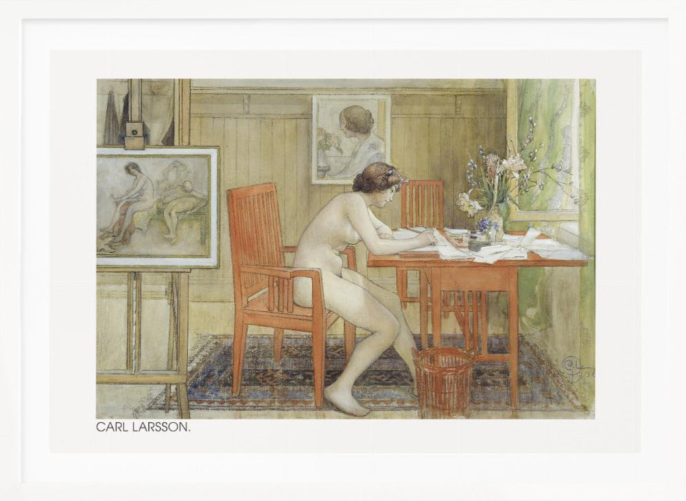 A vintage painting by Carl Larsson depicting a nude woman sitting in profile at a wooden desk, engrossed in writing. The room is a cozy artist's studio with other paintings visible, a vase of flowers on the desk, and a patterned rug on the floor. Artwork