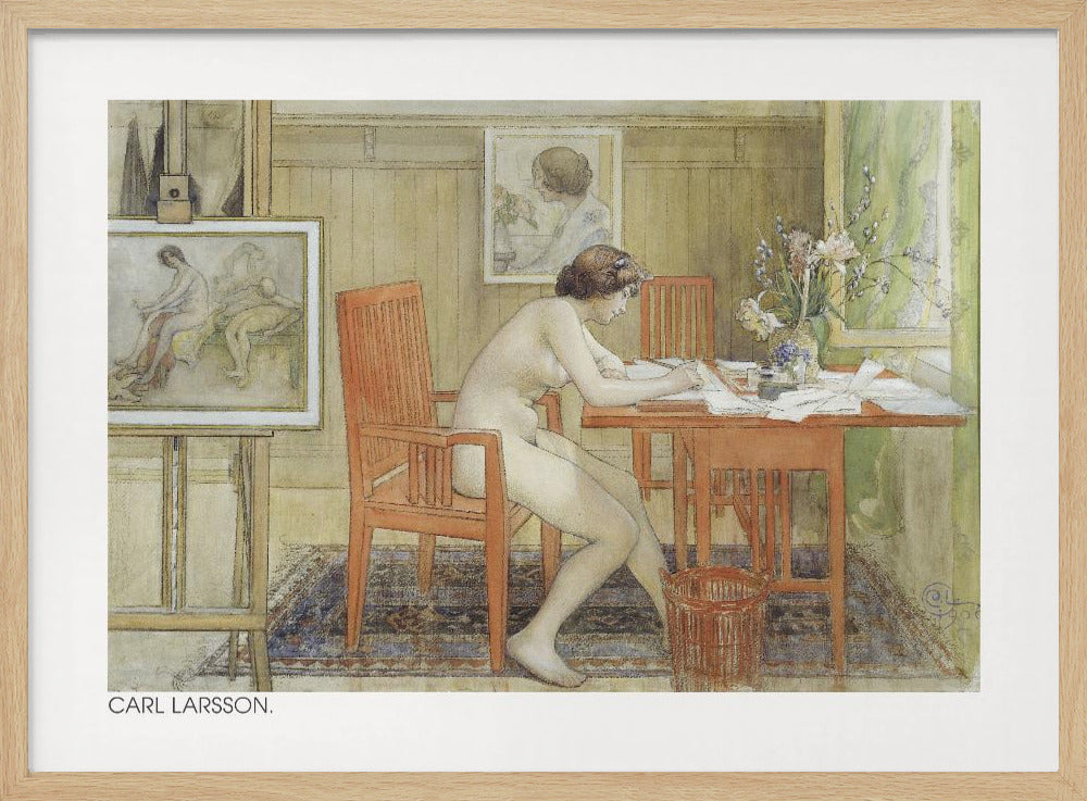 A vintage painting by Carl Larsson depicting a nude woman sitting in profile at a wooden desk, engrossed in writing. The room is a cozy artist's studio with other paintings visible, a vase of flowers on the desk, and a patterned rug on the floor. Artwork