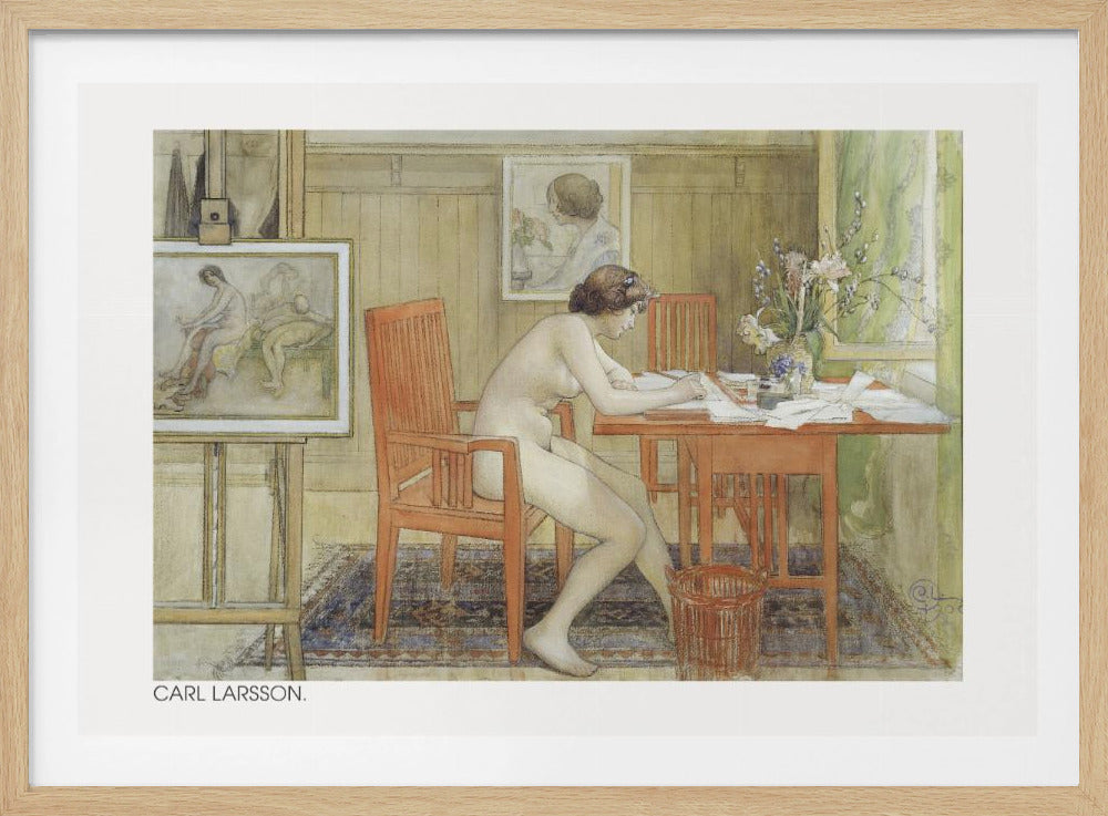 A vintage painting by Carl Larsson depicting a nude woman sitting in profile at a wooden desk, engrossed in writing. The room is a cozy artist's studio with other paintings visible, a vase of flowers on the desk, and a patterned rug on the floor. Artwork