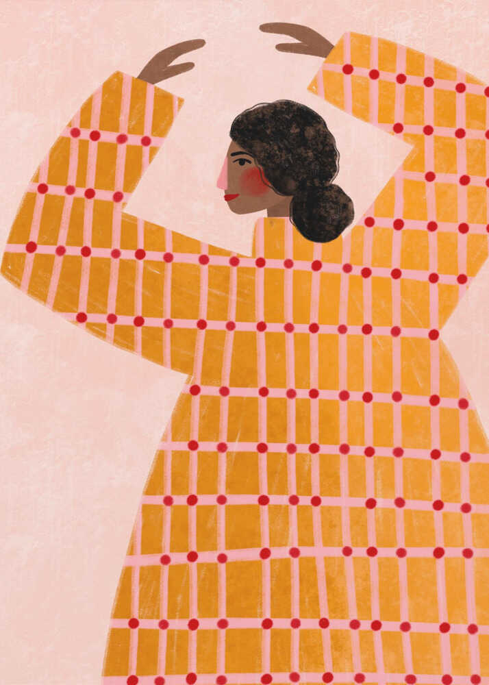 A stylized illustration of a woman in profile, wearing a vibrant yellow and pink plaid dress with red polka dots. Her arms are raised above her head in a graceful pose against a pale pink background. Artwork