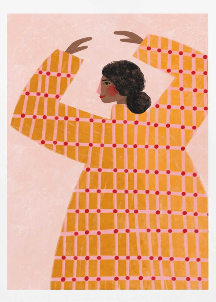 A stylized illustration of a woman in profile, wearing a vibrant yellow and pink plaid dress with red polka dots. Her arms are raised above her head in a graceful pose against a pale pink background. Artwork