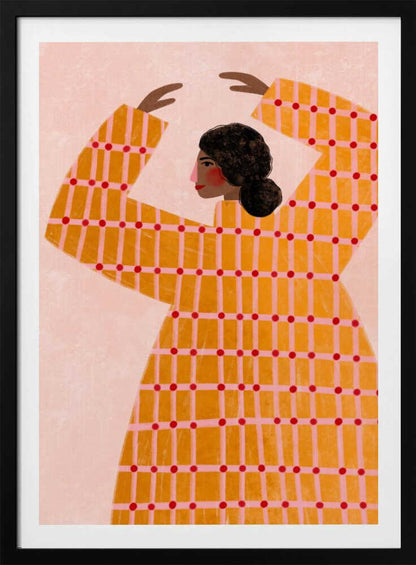 A stylized illustration of a woman in profile, wearing a vibrant yellow and pink plaid dress with red polka dots. Her arms are raised above her head in a graceful pose against a pale pink background. Artwork