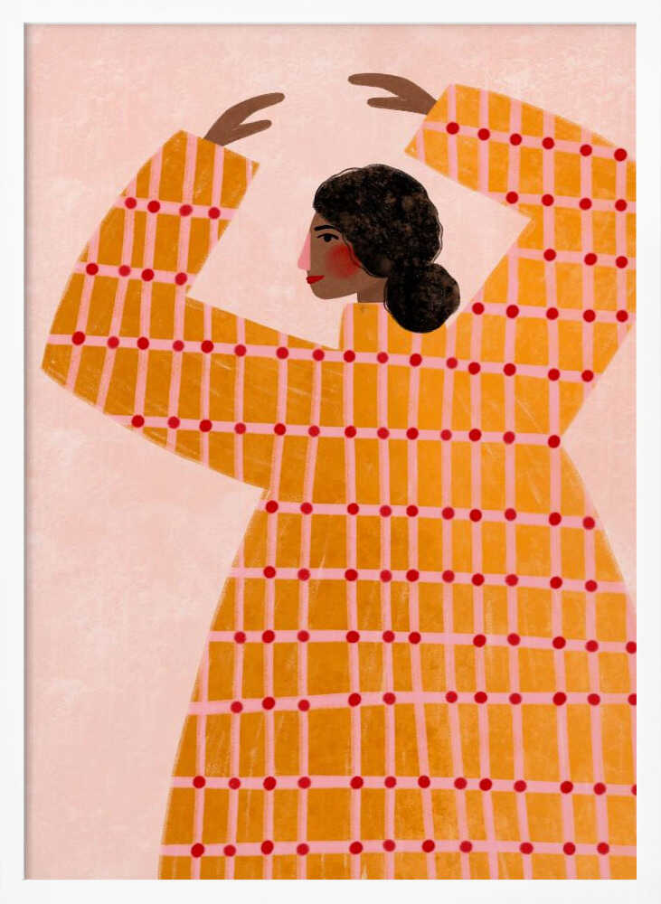 A stylized illustration of a woman in profile, wearing a vibrant yellow and pink plaid dress with red polka dots. Her arms are raised above her head in a graceful pose against a pale pink background. Artwork