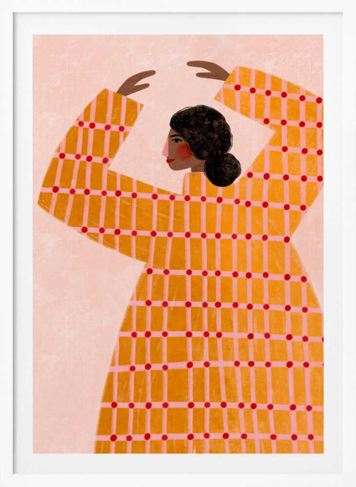A stylized illustration of a woman in profile, wearing a vibrant yellow and pink plaid dress with red polka dots. Her arms are raised above her head in a graceful pose against a pale pink background. Artwork