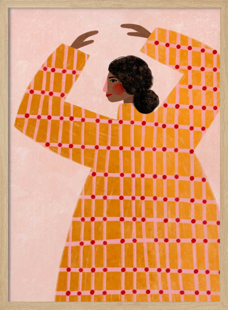 A stylized illustration of a woman in profile, wearing a vibrant yellow and pink plaid dress with red polka dots. Her arms are raised above her head in a graceful pose against a pale pink background. Artwork