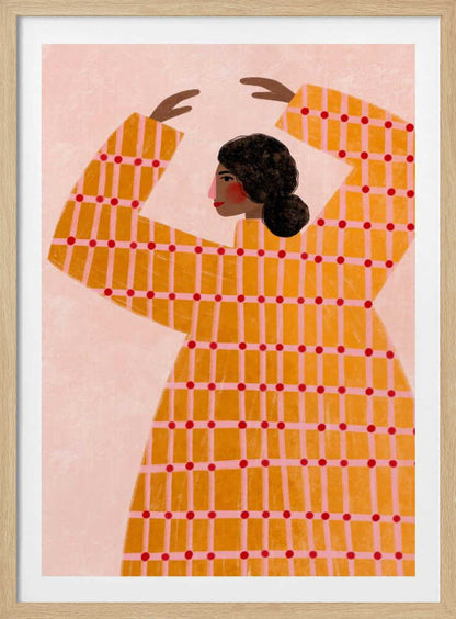 A stylized illustration of a woman in profile, wearing a vibrant yellow and pink plaid dress with red polka dots. Her arms are raised above her head in a graceful pose against a pale pink background. Artwork
