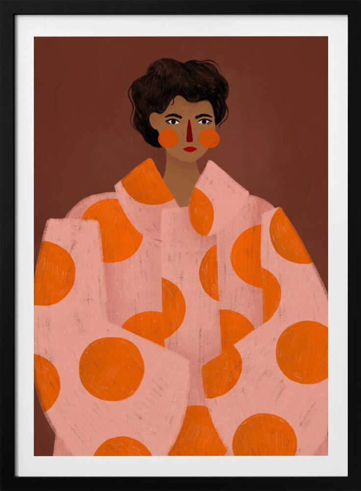 A stylized portrait illustration of a person with dark curly hair and warm brown skin against a solid reddish-brown background. They wear a light pink, oversized coat with large orange polka dots, and look directly forward with a neutral expression, accented by red lipstick and circular orange blush. Decor