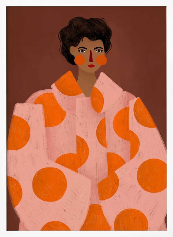 A stylized portrait illustration of a person with dark curly hair and warm brown skin against a solid reddish-brown background. They wear a light pink, oversized coat with large orange polka dots, and look directly forward with a neutral expression, accented by red lipstick and circular orange blush. Decor