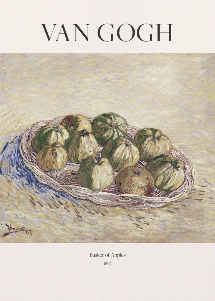 A framed art poster of Vincent van Gogh's 1887 painting, 'Basket of Apples'. The impressionist still life shows a woven basket filled with green and yellow apples on a textured, light yellow background. The poster includes the text 'VAN GOGH' at the top. Print