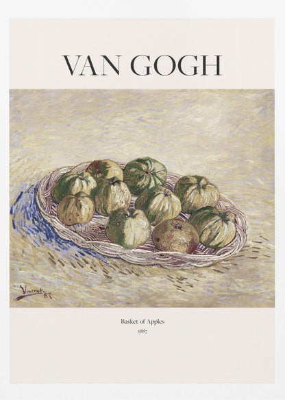 A framed art poster of Vincent van Gogh's 1887 painting, 'Basket of Apples'. The impressionist still life shows a woven basket filled with green and yellow apples on a textured, light yellow background. The poster includes the text 'VAN GOGH' at the top. Print