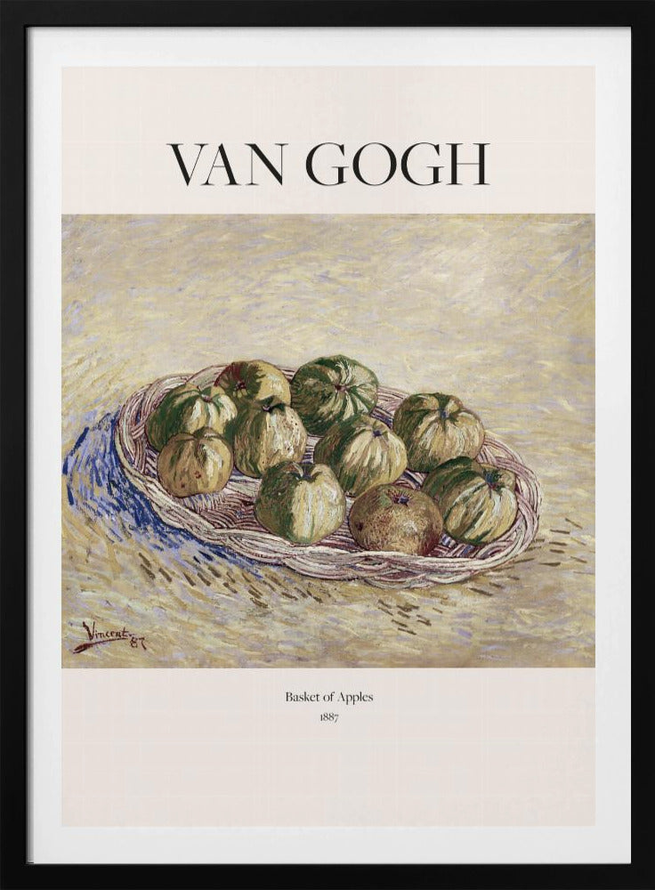 A framed art poster of Vincent van Gogh's 1887 painting, 'Basket of Apples'. The impressionist still life shows a woven basket filled with green and yellow apples on a textured, light yellow background. The poster includes the text 'VAN GOGH' at the top. Print