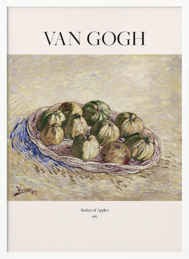 A framed art poster of Vincent van Gogh's 1887 painting, 'Basket of Apples'. The impressionist still life shows a woven basket filled with green and yellow apples on a textured, light yellow background. The poster includes the text 'VAN GOGH' at the top. Print