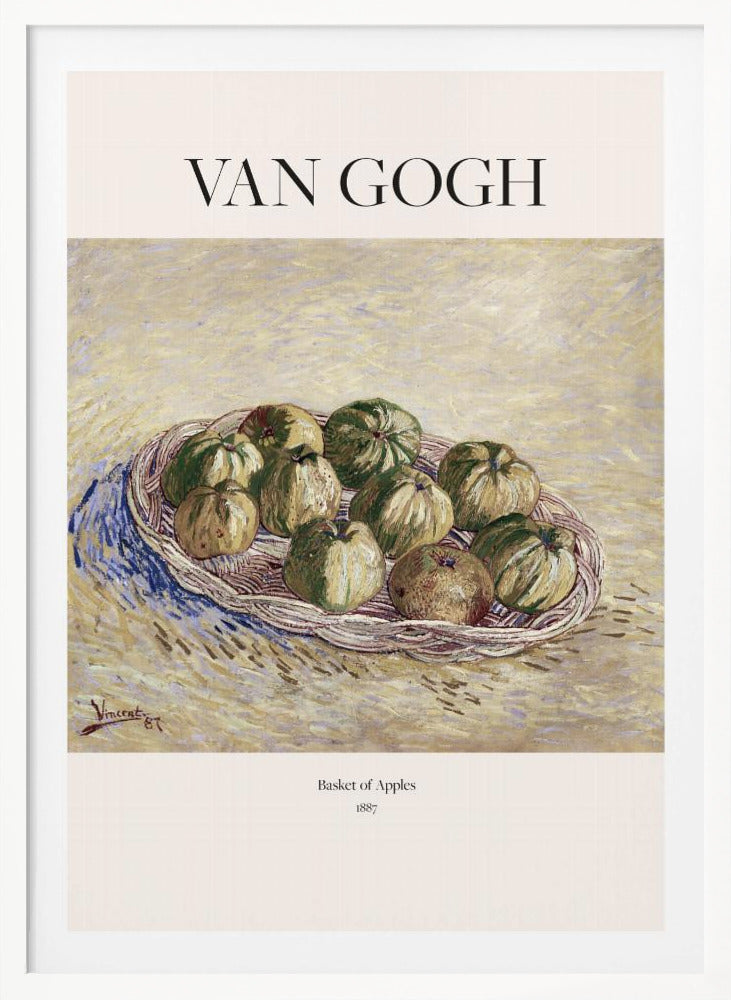 A framed art poster of Vincent van Gogh's 1887 painting, 'Basket of Apples'. The impressionist still life shows a woven basket filled with green and yellow apples on a textured, light yellow background. The poster includes the text 'VAN GOGH' at the top. Print