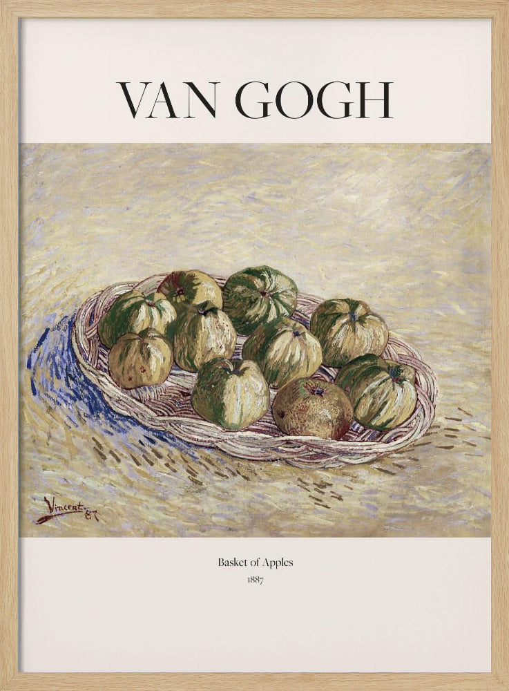 A framed art poster of Vincent van Gogh's 1887 painting, 'Basket of Apples'. The impressionist still life shows a woven basket filled with green and yellow apples on a textured, light yellow background. The poster includes the text 'VAN GOGH' at the top. Print
