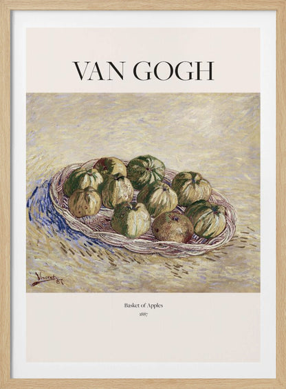 A framed art poster of Vincent van Gogh's 1887 painting, 'Basket of Apples'. The impressionist still life shows a woven basket filled with green and yellow apples on a textured, light yellow background. The poster includes the text 'VAN GOGH' at the top. Print