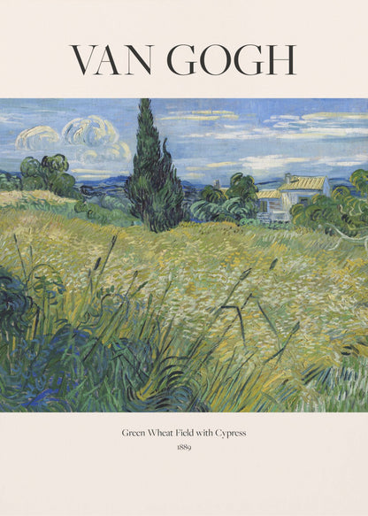 A framed art print of Vincent van Gogh's painting 'Green Wheat Field with Cypress' from 1889. The impressionist painting features a vibrant green and yellow field, a prominent dark cypress tree, and a blue sky with white clouds. The poster has a cream border with 'VAN GOGH' printed at the top and the title and year at the bottom. Poster