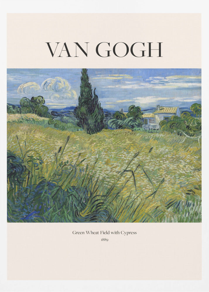 A framed art print of Vincent van Gogh's painting 'Green Wheat Field with Cypress' from 1889. The impressionist painting features a vibrant green and yellow field, a prominent dark cypress tree, and a blue sky with white clouds. The poster has a cream border with 'VAN GOGH' printed at the top and the title and year at the bottom. Poster