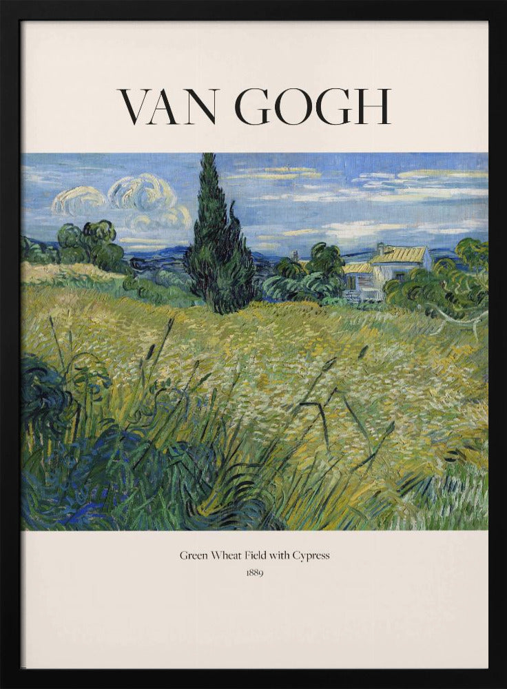 A framed art print of Vincent van Gogh's painting 'Green Wheat Field with Cypress' from 1889. The impressionist painting features a vibrant green and yellow field, a prominent dark cypress tree, and a blue sky with white clouds. The poster has a cream border with 'VAN GOGH' printed at the top and the title and year at the bottom. Poster