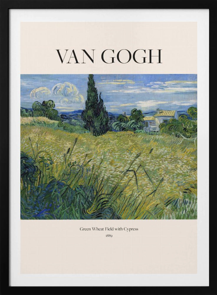 A framed art print of Vincent van Gogh's painting 'Green Wheat Field with Cypress' from 1889. The impressionist painting features a vibrant green and yellow field, a prominent dark cypress tree, and a blue sky with white clouds. The poster has a cream border with 'VAN GOGH' printed at the top and the title and year at the bottom. Poster