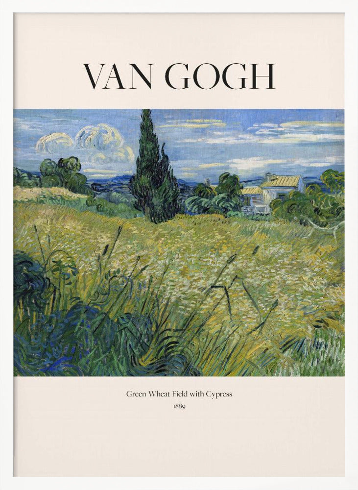 A framed art print of Vincent van Gogh's painting 'Green Wheat Field with Cypress' from 1889. The impressionist painting features a vibrant green and yellow field, a prominent dark cypress tree, and a blue sky with white clouds. The poster has a cream border with 'VAN GOGH' printed at the top and the title and year at the bottom. Poster