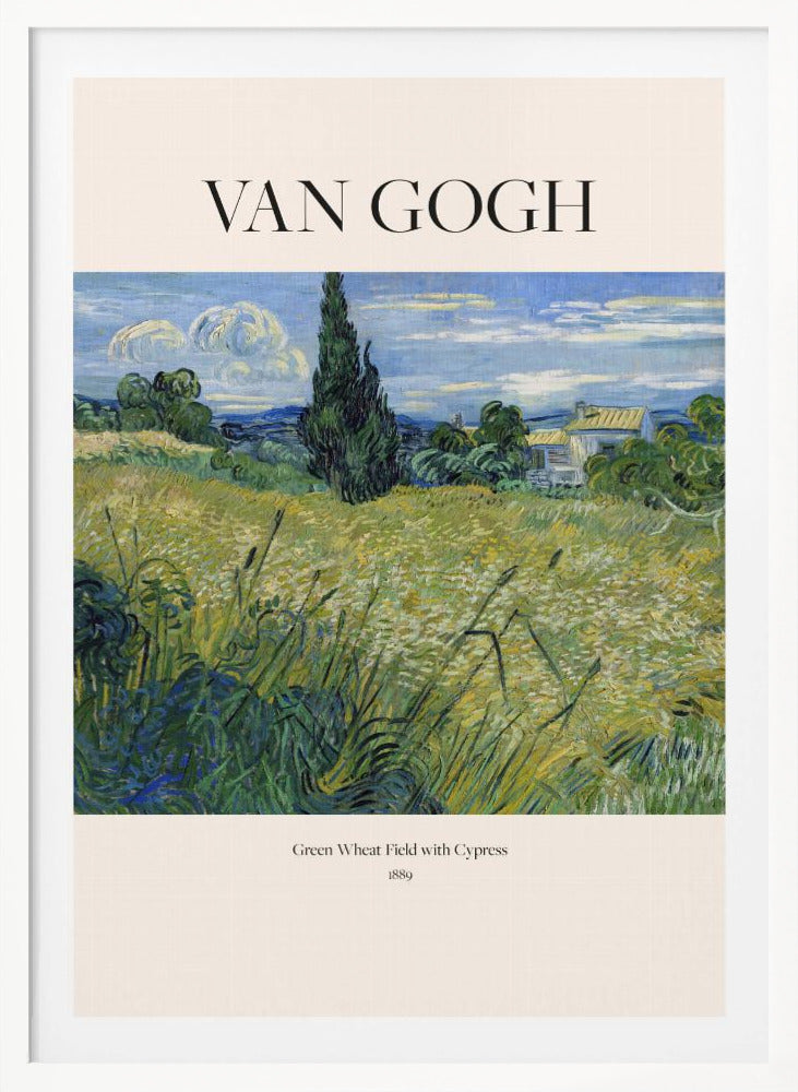 A framed art print of Vincent van Gogh's painting 'Green Wheat Field with Cypress' from 1889. The impressionist painting features a vibrant green and yellow field, a prominent dark cypress tree, and a blue sky with white clouds. The poster has a cream border with 'VAN GOGH' printed at the top and the title and year at the bottom. Poster
