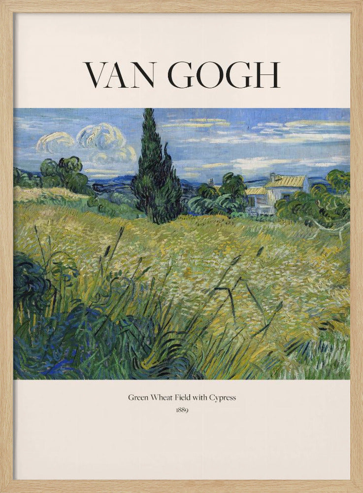 A framed art print of Vincent van Gogh's painting 'Green Wheat Field with Cypress' from 1889. The impressionist painting features a vibrant green and yellow field, a prominent dark cypress tree, and a blue sky with white clouds. The poster has a cream border with 'VAN GOGH' printed at the top and the title and year at the bottom. Poster