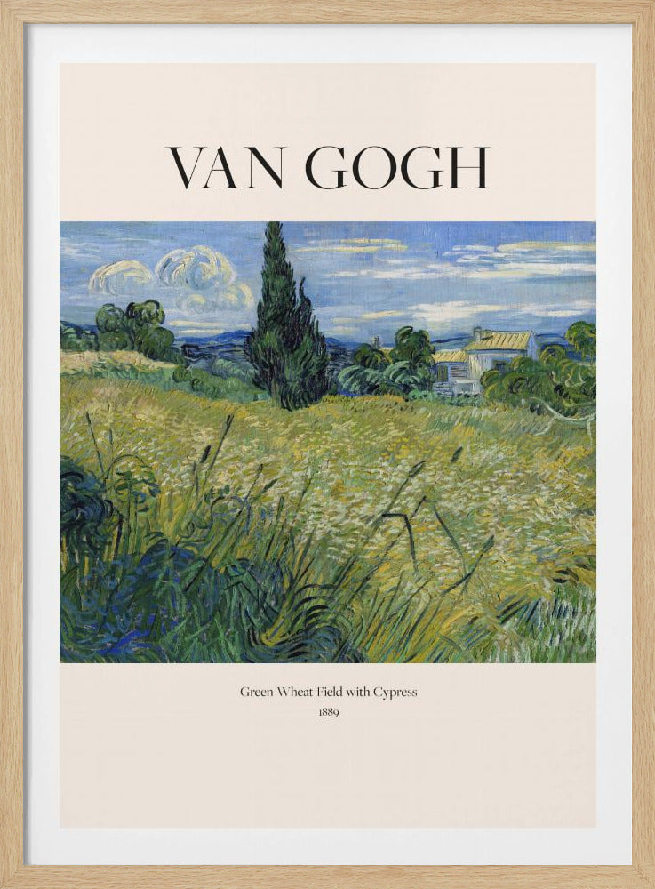 A framed art print of Vincent van Gogh's painting 'Green Wheat Field with Cypress' from 1889. The impressionist painting features a vibrant green and yellow field, a prominent dark cypress tree, and a blue sky with white clouds. The poster has a cream border with 'VAN GOGH' printed at the top and the title and year at the bottom. Poster