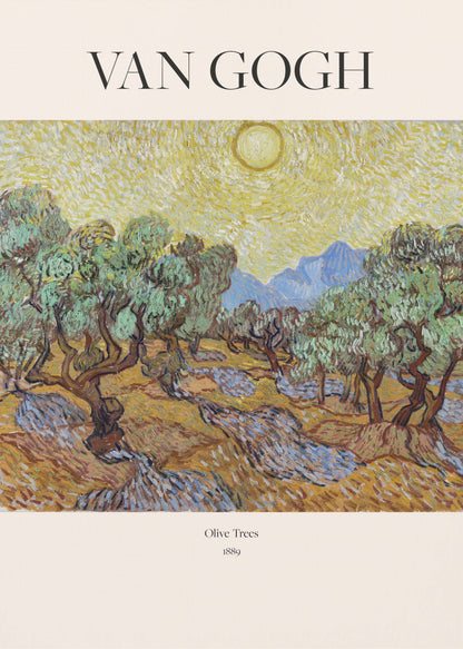 A poster of Vincent van Gogh's painting 'Olive Trees' from 1889. The image depicts a landscape with gnarled olive trees under a bright yellow, swirling sun, with mountains in the background. The poster has a cream border with 'VAN GOGH' at the top and the title and year at the bottom, all within a black frame. Print