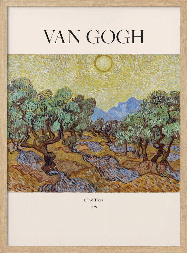 A poster of Vincent van Gogh's painting 'Olive Trees' from 1889. The image depicts a landscape with gnarled olive trees under a bright yellow, swirling sun, with mountains in the background. The poster has a cream border with 'VAN GOGH' at the top and the title and year at the bottom, all within a black frame. Print