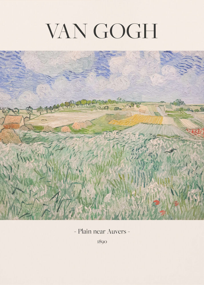 A framed art poster of Vincent van Gogh's painting, 'Plain near Auvers' from 1890. The impressionist landscape shows a vast green field in the foreground, with patchwork fields in the distance under a blue and white cloudy sky. The artist's name is printed in black serif font at the top, with the title and year at the bottom, all on a cream-colored background. Wall Art