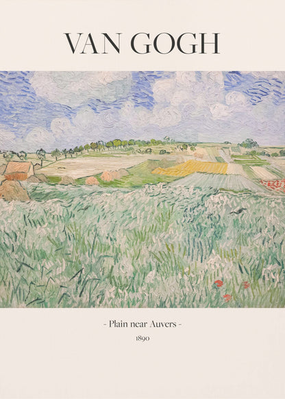 A framed art poster of Vincent van Gogh's painting, 'Plain near Auvers' from 1890. The impressionist landscape shows a vast green field in the foreground, with patchwork fields in the distance under a blue and white cloudy sky. The artist's name is printed in black serif font at the top, with the title and year at the bottom, all on a cream-colored background. Wall Art