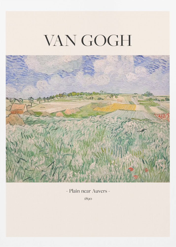 A framed art poster of Vincent van Gogh's painting, 'Plain near Auvers' from 1890. The impressionist landscape shows a vast green field in the foreground, with patchwork fields in the distance under a blue and white cloudy sky. The artist's name is printed in black serif font at the top, with the title and year at the bottom, all on a cream-colored background. Wall Art