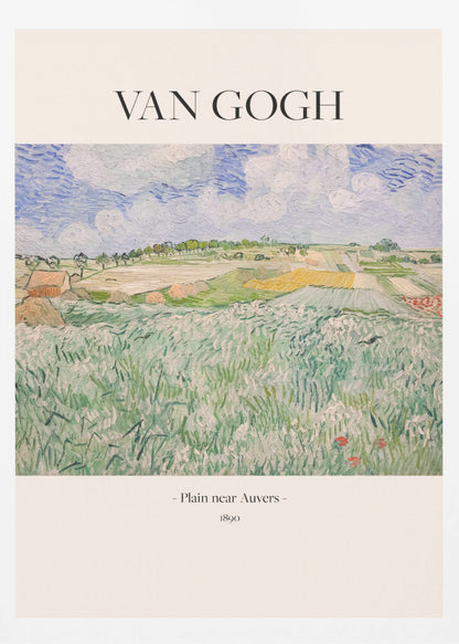 A framed art poster of Vincent van Gogh's painting, 'Plain near Auvers' from 1890. The impressionist landscape shows a vast green field in the foreground, with patchwork fields in the distance under a blue and white cloudy sky. The artist's name is printed in black serif font at the top, with the title and year at the bottom, all on a cream-colored background. Wall Art